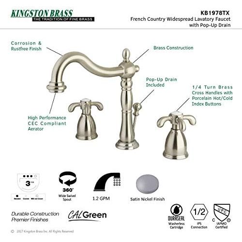  Kingston Brass KB1978TX French Country Widespread Lavatory Faucet, Brushed Nickel