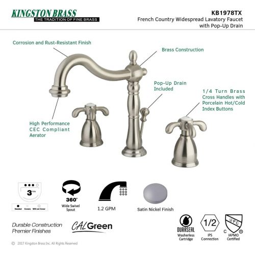  Kingston Brass KB1978TX French Country Widespread Lavatory Faucet, Brushed Nickel