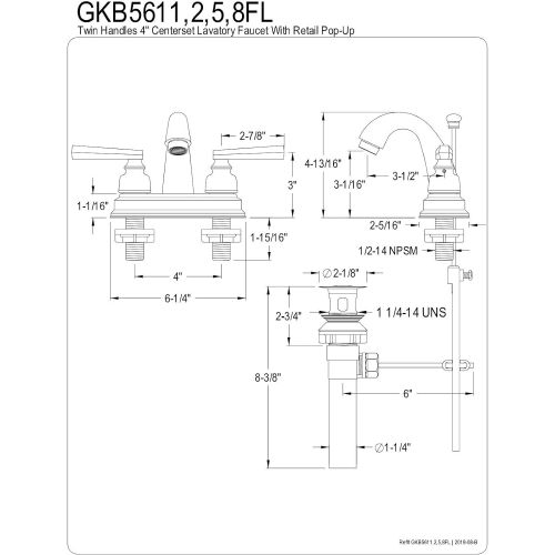  Kingston Brass GKB5612FL Royale 4-inch Centerset Lavatory Faucet with High with Retail Pop-up, Polished Brass