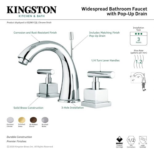  Kingston Brass KS2962CQL Claremont 8-Inch Widespread Lavatory Faucet with Brass Pop-Up, Polished Brass