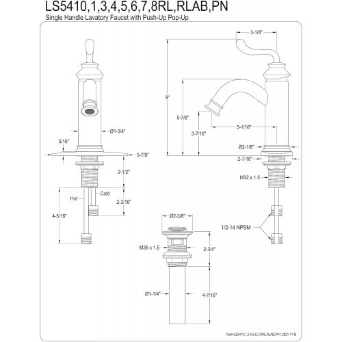  Kingston Brass LS5417RL Royale Lavatory Faucet with Push-Button Drain, 5-1/16 in Spout Reach, Matte Black/Polished Chrome