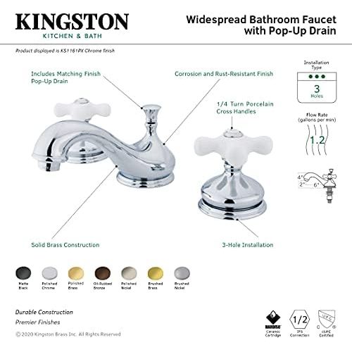  Kingston Brass KS1162PX Heritage Widespread Lavatory Faucet with Porcelain Cross Handle, Polished Brass,8-Inch Adjustable Center