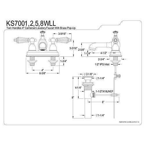  Kingston Brass KS7001WLL Wilshire 4-Inch Centerset Lavatory Faucet with Brass Pop-Up, 4-1/2 in Spout Reach, Polished Chrome