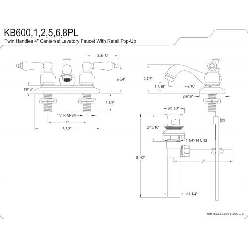  Kingston Brass KB602PL Restoration 4-Inch Centerset Lavatory Faucet with Porcelain Lever Handle, Polished Brass