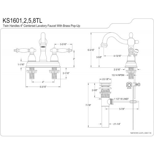  Kingston Brass KS1602TL Heritage Centerset Lavatory Faucet Pop-Up, Polished Brass
