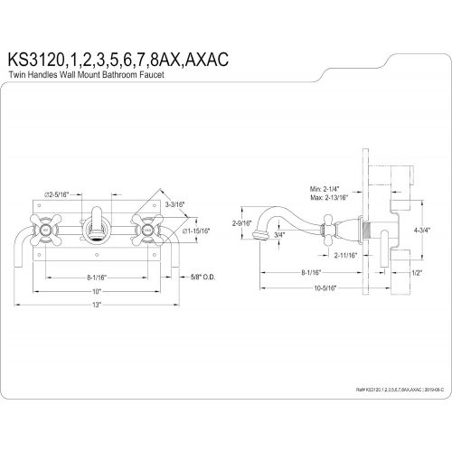  Kingston Brass KS3127AX 8-Inch Center Wall Mount Bathroom Faucet, Brushed Brass