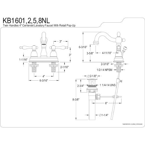  Kingston Brass KB1602NL Heritage 4-Inch Centerset Lavatory Faucet with Metal Lever Handle, Polished Brass