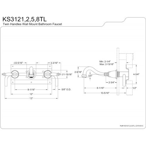  Kingston Brass KS3125TL Templeton Wall Mount Vessel Sink Faucet, 8-5/16, Oil Rubbed Bronze