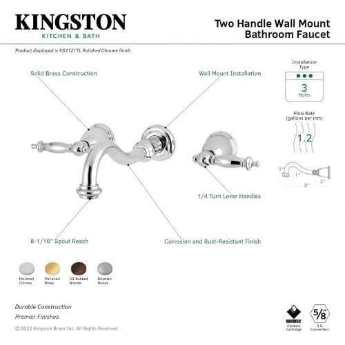  Kingston Brass KS3125TL Templeton Wall Mount Vessel Sink Faucet, 8-5/16, Oil Rubbed Bronze