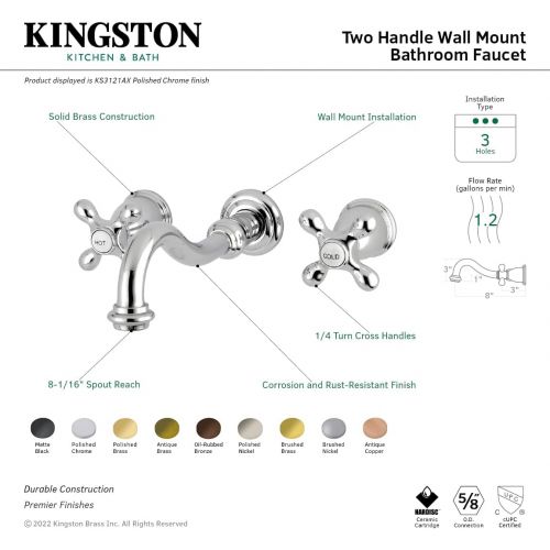  Kingston Brass KS3128AX 8 Wall Mount Sink Faucet with Metal Cross Handle, 11-1/8, Satin Nickel