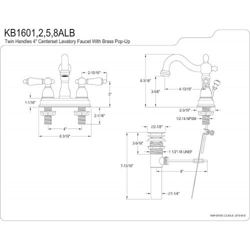  Kingston Brass KB1605ALB Heritage 4-Inch Centerset Lavatory Faucet with Lever Handle and Brass Pop-Up, Oil Rubbed Bronze