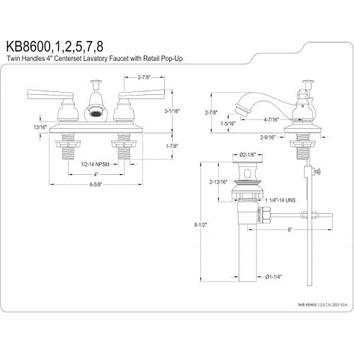  Kingston Brass KB8602 4-Inch Centerset Lavatory Faucet With Pop-Up Drain, Polished Brass