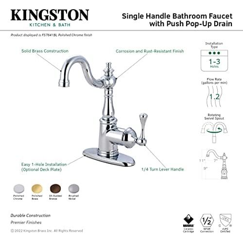  Kingston Brass FSS7641BL English Vintage Single Handle Lavatory Faucet with Push Pop-Up and Plate, Polished Chrome