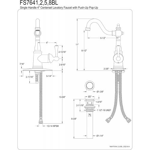  Kingston Brass FSS7641BL English Vintage Single Handle Lavatory Faucet with Push Pop-Up and Plate, Polished Chrome