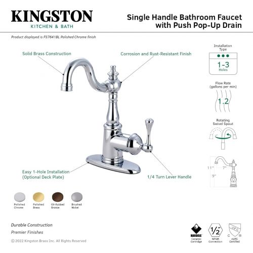  Kingston Brass FSS7641BL English Vintage Single Handle Lavatory Faucet with Push Pop-Up and Plate, Polished Chrome