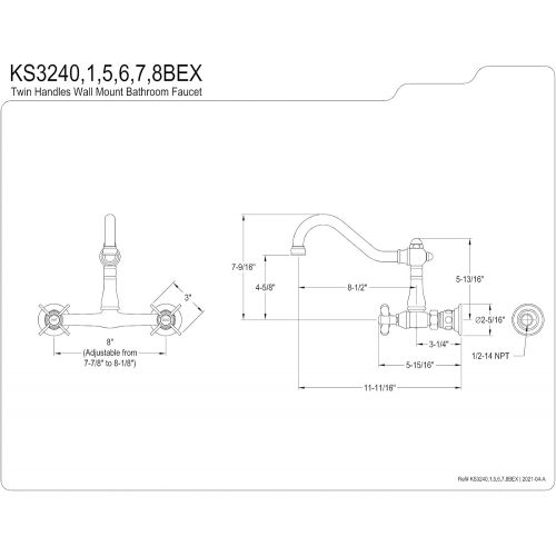  Kingston Brass KS3241BEX Essex Two-Handle Wall Mount Bridge Bathroom Faucet, Polished Chrome