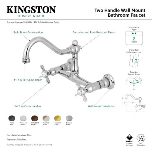  Kingston Brass KS3241BEX Essex Two-Handle Wall Mount Bridge Bathroom Faucet, Polished Chrome