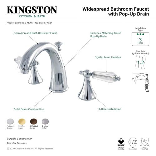  Kingston Brass KS2975WLL Wilshire Widespread Lavatory Faucet With Crystal Lever Handle, 5-1/2 in Spout Reach, Oil Rubbed Bronze