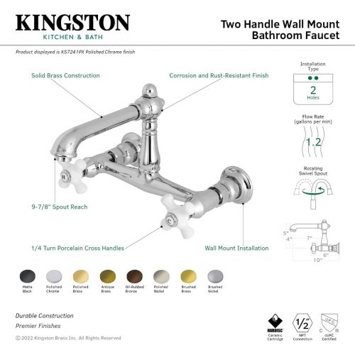  Kingston Brass KS7240PX English Country Wall Mount Vessel Sink Faucet, 6-5/8, Matte Black