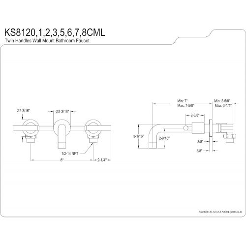  Kingston Brass KS8128CML Manhattan 2-Handle 8 in. Wall Mount Bathroom Faucet, Brushed Nickel