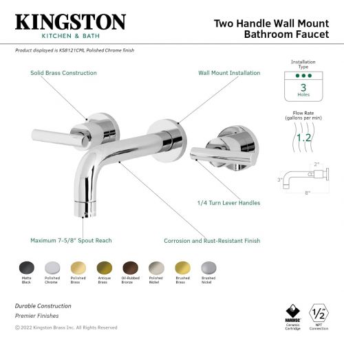  Kingston Brass KS8128CML Manhattan 2-Handle 8 in. Wall Mount Bathroom Faucet, Brushed Nickel