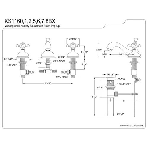  Kingston Brass KS1166BX Vintage 8-Inch Widespread Lavatory Faucet with Brass Pop-Up, Polished Nickel