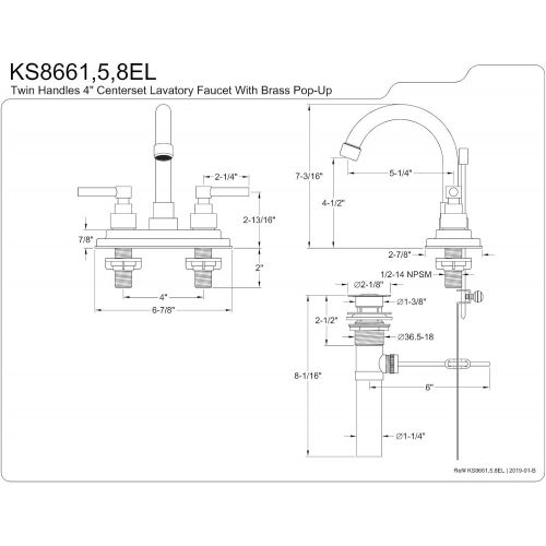  Kingston Brass KS8665EL Elinvar Center Set Bathroom Faucet with Brass Pop-Up Drain, 4-7/8-Inch, Oil Rubbed Bronze