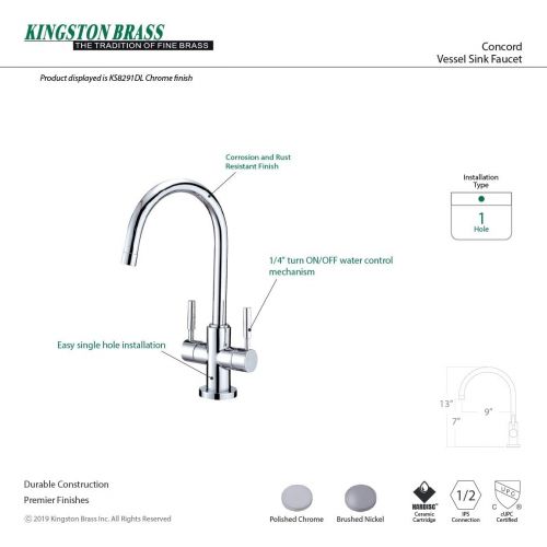  Kingston Brass KS8291DL Concord Vessel Sink Faucet without Pop-Up and Plate, 8-1/2, Polished Chrome