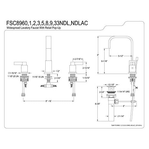  Kingston Brass FSC8960NDL NuvoFusion 8 Widespread Lavatory Faucet with Retail Pop-Up, 5-1/2 in Spout Reach, Matte Black