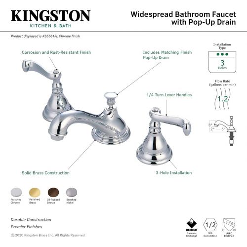  Kingston Brass KS5562FL Regency Widespread Lavatory Faucet with French Lever Handle, Polished Brass