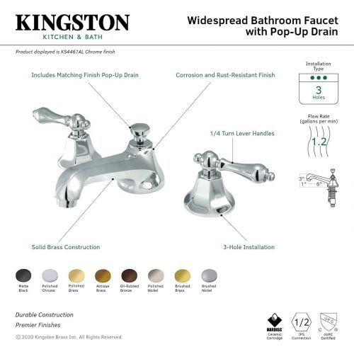  Kingston Brass KS4460AL Metropolitan 8-Inch Widespread Lavatory Faucet with Brass Pop-Up, 5-9/16 Inch in Spout Reach, Matte Black