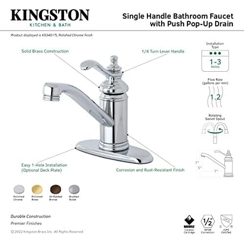  Kingston Brass KS3402TL Templeton 4-Inch Single Handle Centerset Lavatory Faucet with Push Up Drain, Polished Brass