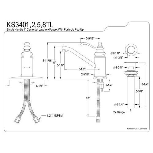  Kingston Brass KS3402TL Templeton 4-Inch Single Handle Centerset Lavatory Faucet with Push Up Drain, Polished Brass