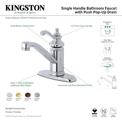  Kingston Brass KS3402TL Templeton 4-Inch Single Handle Centerset Lavatory Faucet with Push Up Drain, Polished Brass