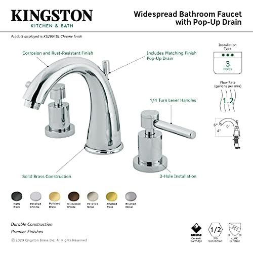  Kingston Brass KS2968DL Concord Widespread Lavatory Faucet with Brass Pop-Up,5.5-Inch Spout Reach,Satin Nickel