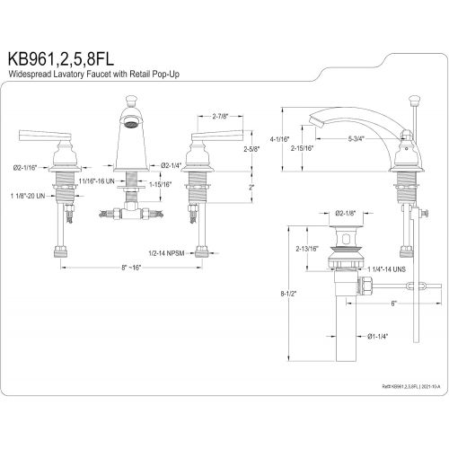  Kingston Brass KB962FL Royale Widespread Lavatory Faucet, Polished Brass