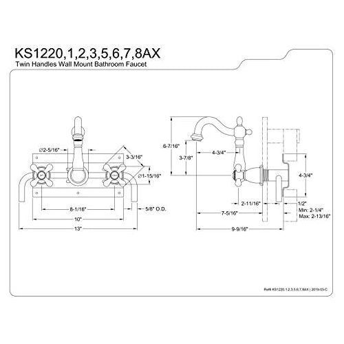  Kingston Brass KS1228AX Heritage 8 Center Wall Mount Vessel Sink Faucet, 4-3/4 in Spout Reach, Brushed Nickel