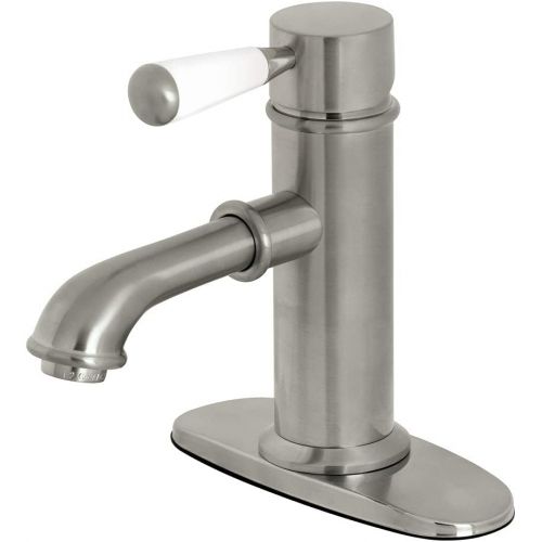  Kingston Brass KS7418DPL Single Porcelain Lever Handle Lavatory Faucet with Brass Pop-Up with 5 in Spout Reach, Satin Nickel