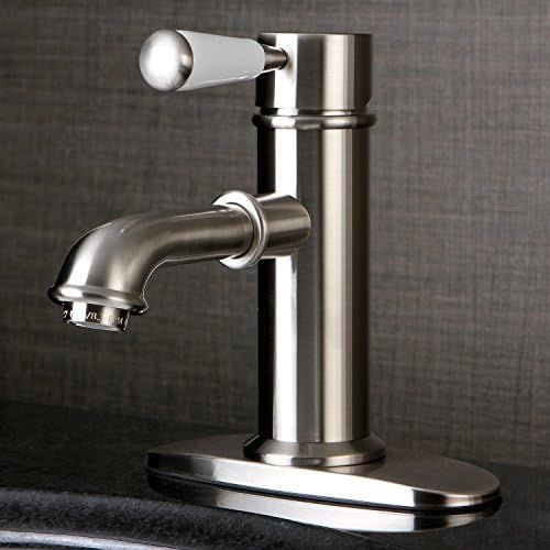  Kingston Brass KS7418DPL Single Porcelain Lever Handle Lavatory Faucet with Brass Pop-Up with 5 in Spout Reach, Satin Nickel