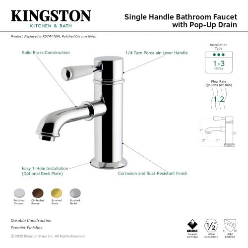  Kingston Brass KS7418DPL Single Porcelain Lever Handle Lavatory Faucet with Brass Pop-Up with 5 in Spout Reach, Satin Nickel