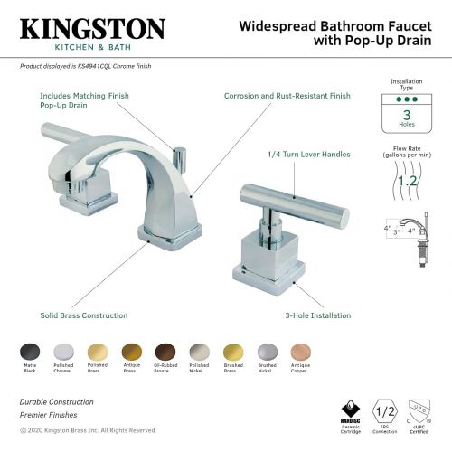  Kingston Brass KS4942CQL Claremont Mini Widespread Lavatory Faucet with Brass Pop-Up, Polished Brass,4-Inch Adjustable Center