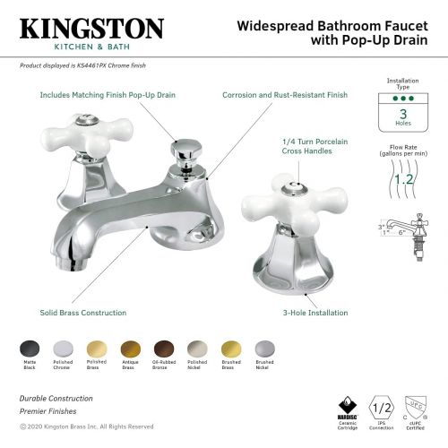  Kingston Brass KS4461PX Metropolitan Widespread Lavatory Faucet with Porcelain Cross Handle, Polished Chrome,8-Inch Adjustable Center