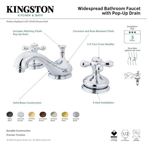  Kingston Brass KS1167AX 8 in. Widespread Bathroom Faucet, Brushed Brass