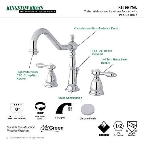  Kingston Brass KS1991TAL Tudor Widespread Lavatory Faucet With ABS/Brass Pop-Up, Polished Chrome, 8-1/2 inch in Spout Reach, Polished Chrome