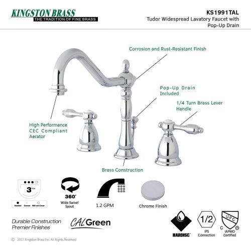  Kingston Brass KS1991TAL Tudor Widespread Lavatory Faucet With ABS/Brass Pop-Up, Polished Chrome, 8-1/2 inch in Spout Reach, Polished Chrome