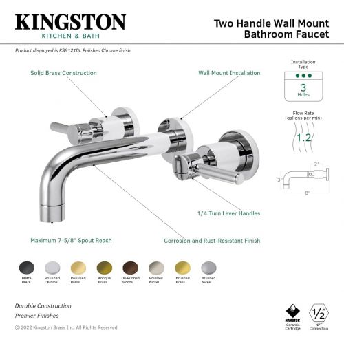  Kingston Brass KS8120DL Concord 8-Inch Center Wall Mount Bathroom Faucet, Matte Black