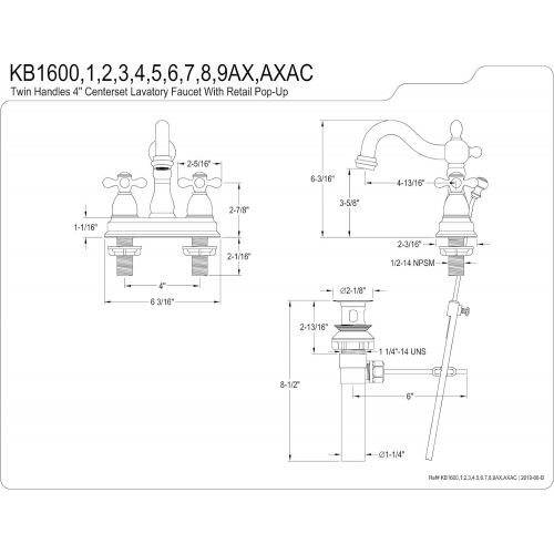  Kingston Brass KB1600AX Heritage 4-Inch Centerset Lavatory Faucet with Retail Pop-Up, Matte Black