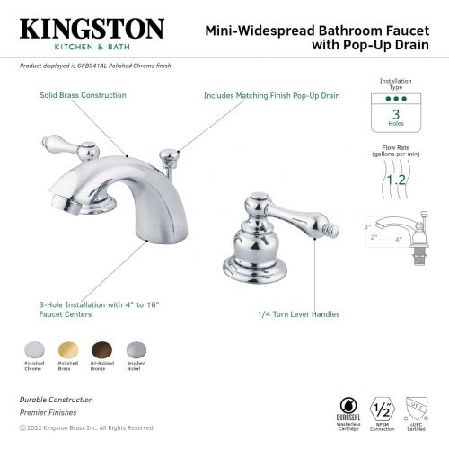  Kingston Brass GKB942AL Magellan Mini-Widespread Lavatory Faucet with Retail Pop-Up, 4-7/16, Polished Brass