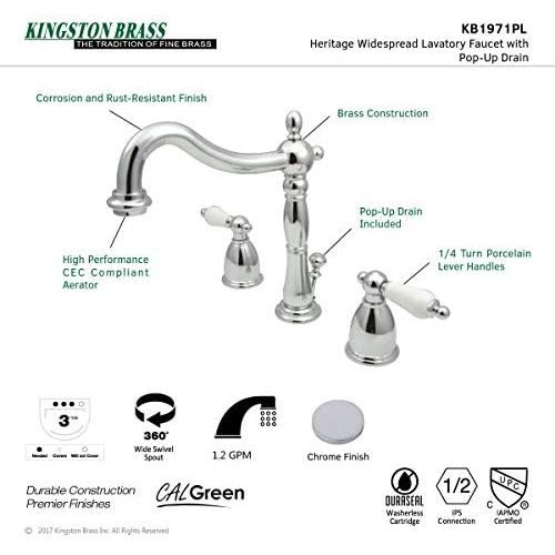  Kingston Brass KB1971PL Heritage Widespread Lavatory Faucet with Porcelain Lever Handle, Polished Chrome,8-Inch Adjustable Center