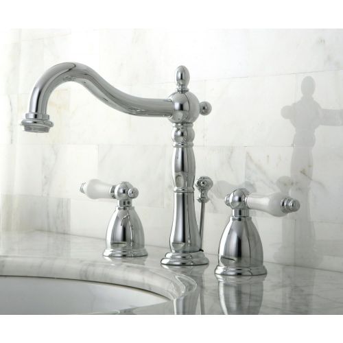  Kingston Brass KB1971PL Heritage Widespread Lavatory Faucet with Porcelain Lever Handle, Polished Chrome,8-Inch Adjustable Center